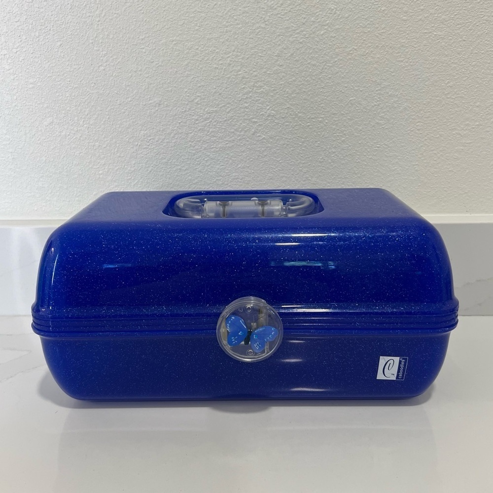 Vintage Caboodles Blue Glitter Cosmetics Case Makeup Organizer Mirror 90s Girl